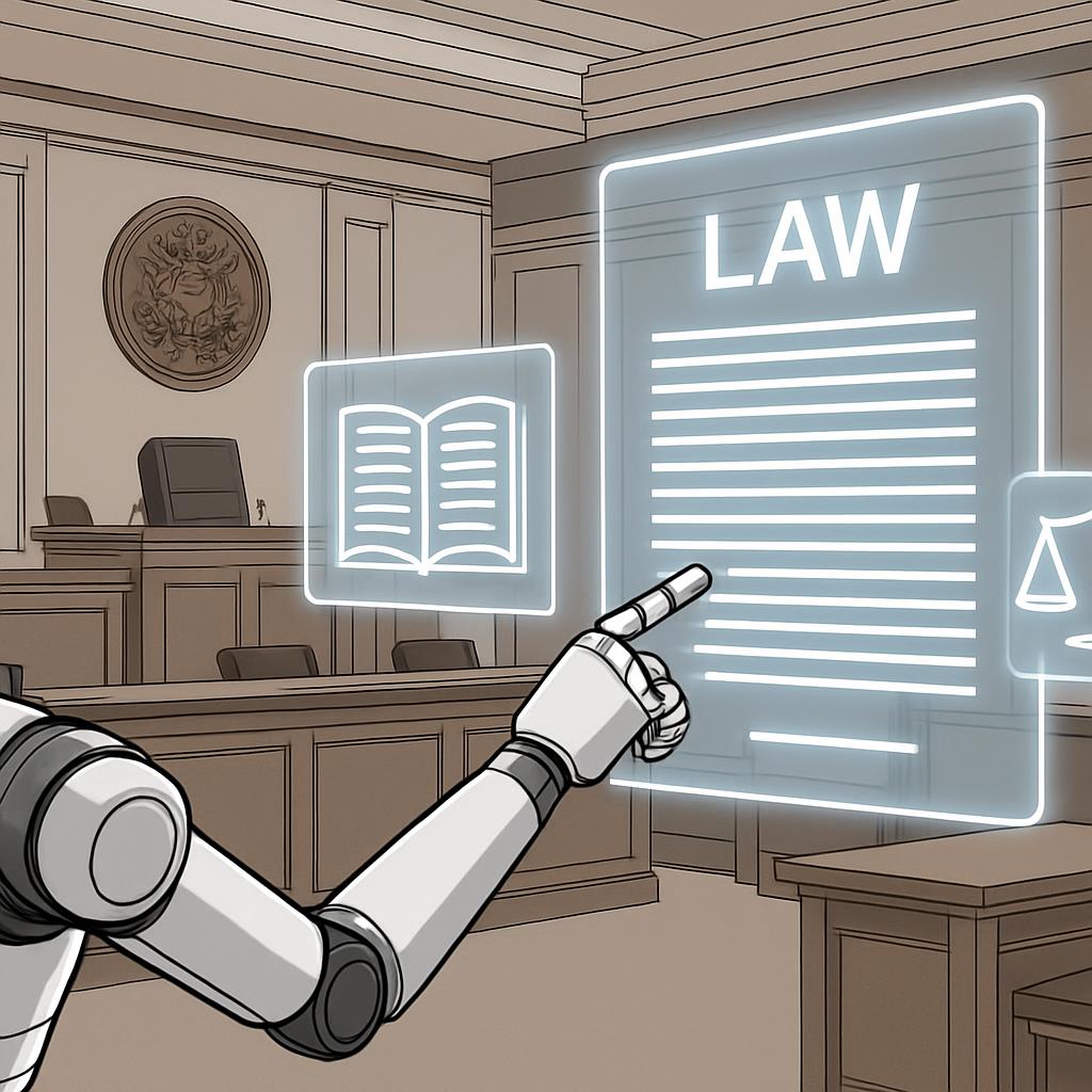 Turkish Law robot pointing to a hologram in court room