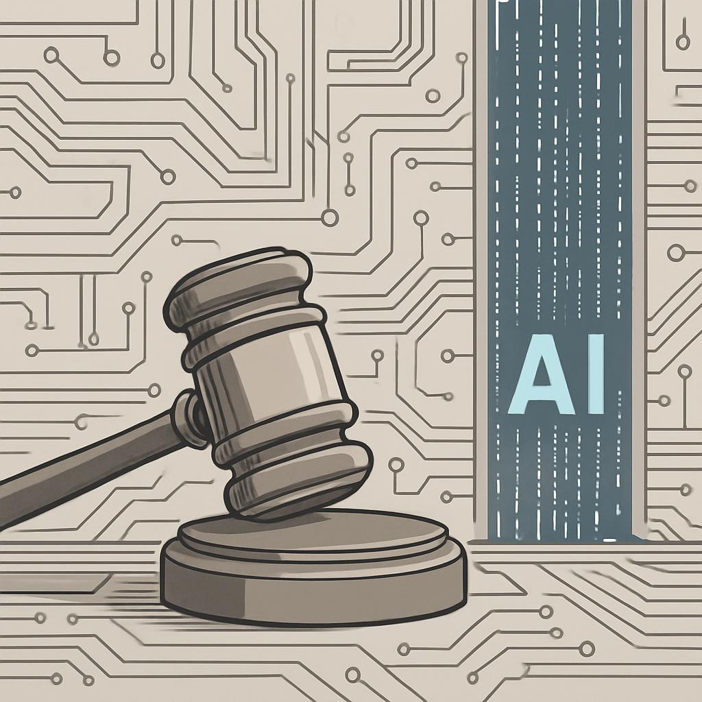 AI logo, gavel and circuit board graphic