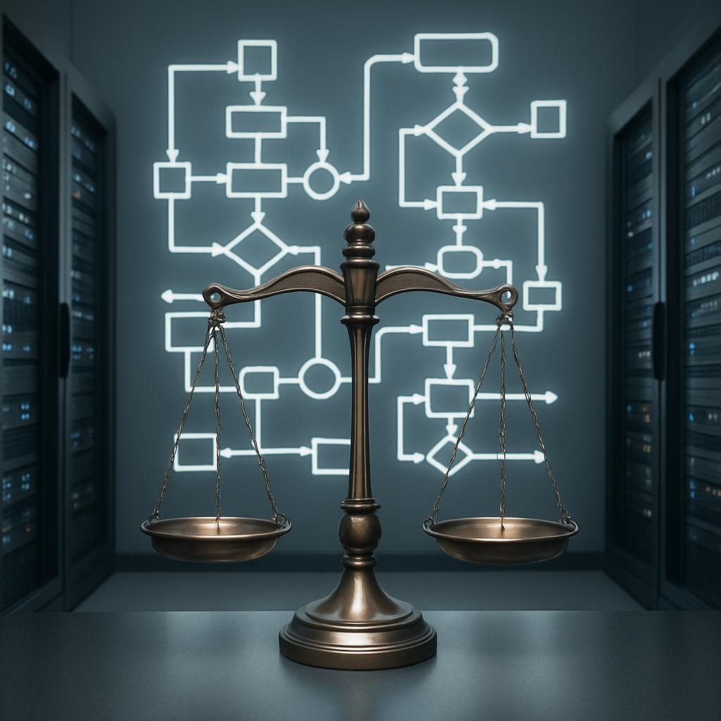 The image shows a bronze balance or scales in front of a server room with a flowchart on the wall in the background. The s...